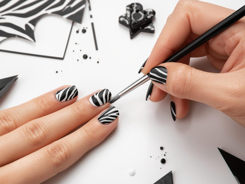 Zebra Print Nail Designs: Bold and Pinterest-Worthy Manicures to Adore 6 Creating glossy black white zebra nail art with white zebra stripe patterns.
