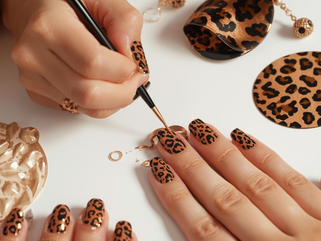 Creating rich caramel black and bronze leopard nail art with black and bronze leopard spots.