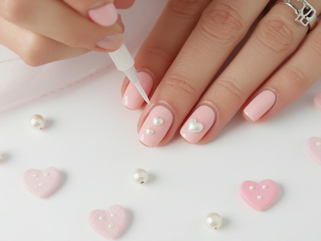 Soft Girl Nail Designs: Dreamy and Pinterest-Worthy Manicures to Adore 6 Creating pastel pink pearl heart nail art with pearl embellishments.