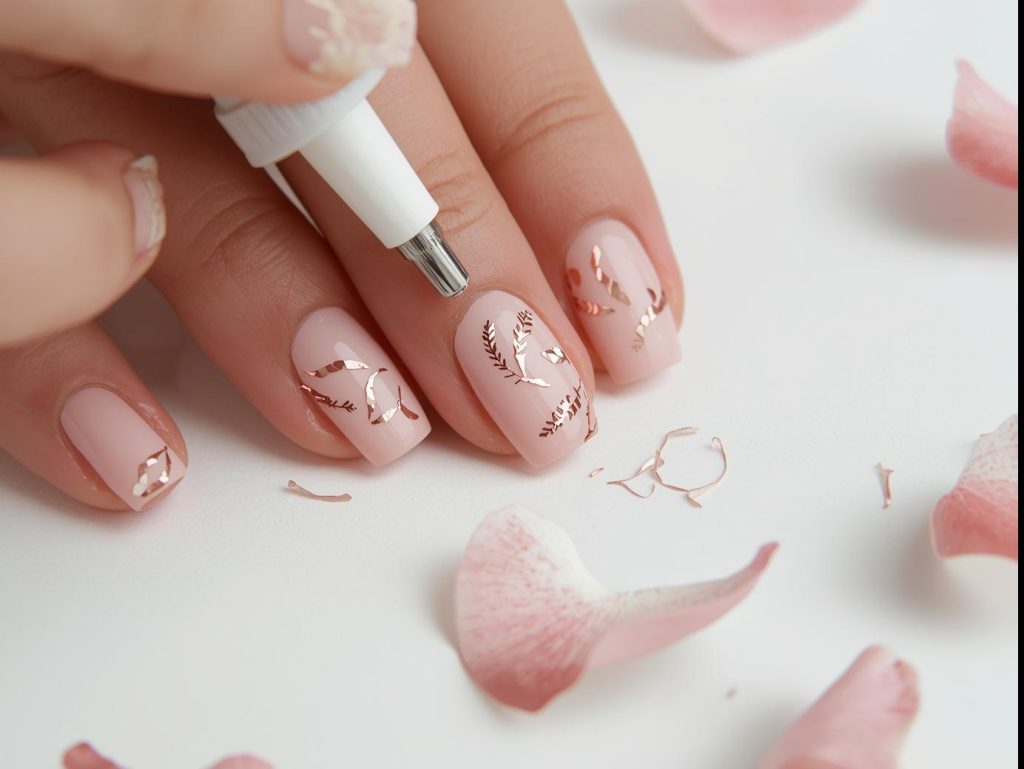  Creating soft blush pink rose gold foil petal nail art with rose gold foil.