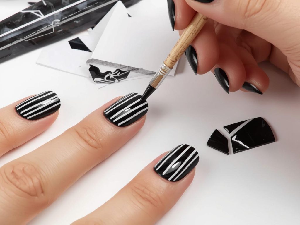 Creating glossy black white striped nail art with white vertical stripe patterns.