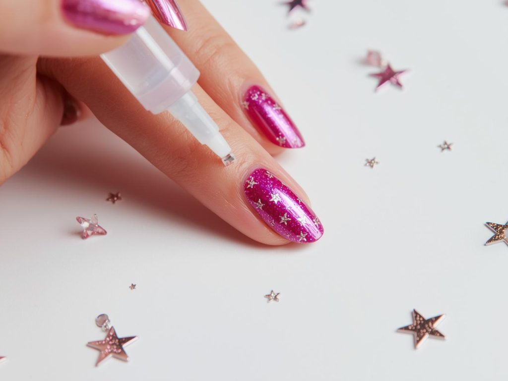  Creating metallic pink holographic star sticker nail art with holographic stickers.
