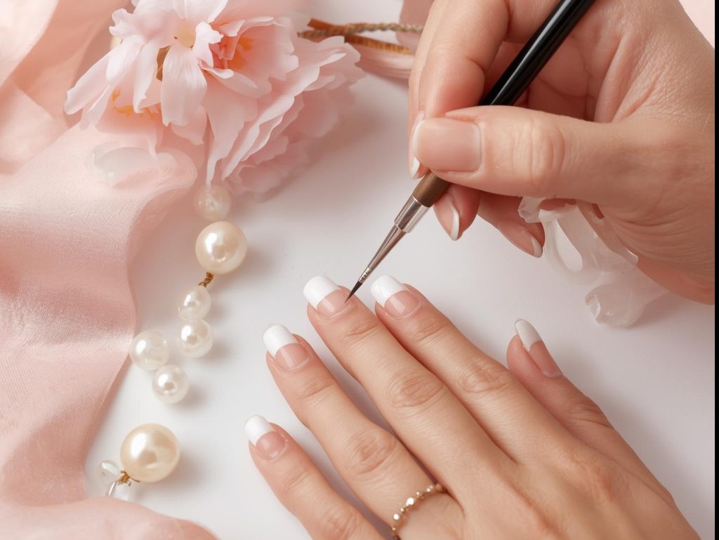 Creating classic white French tip nail art with glossy finish.