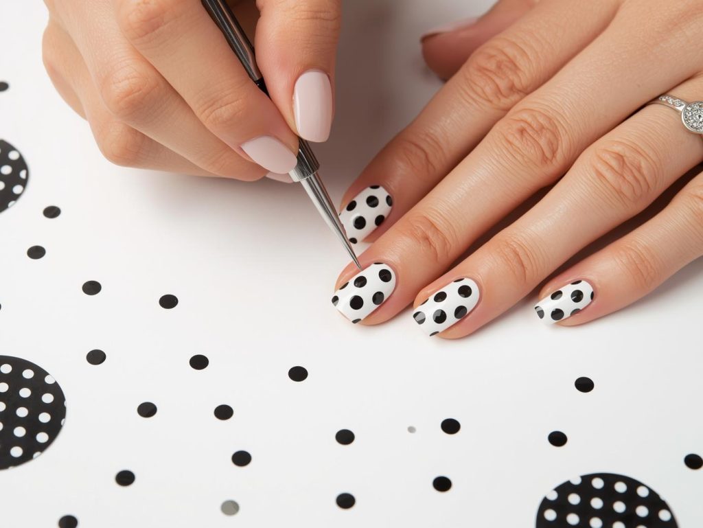 Creating glossy white black polka dot nail art with black polka dot patterns.