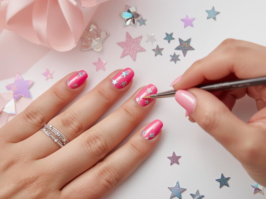 Festival Nail Designs: Vibrant and Pinterest-Worthy Manicures to Adore 6 Creating neon pink holographic festival star nail art with holographic stickers.