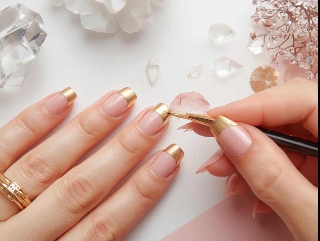 Creating classic gold French tip nail art with glossy finish.