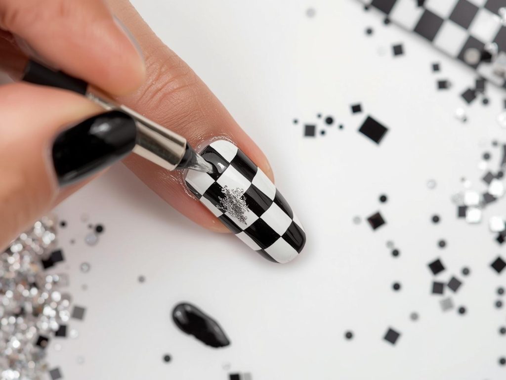  Creating glossy black and white checkerboard nail art with silver accents.