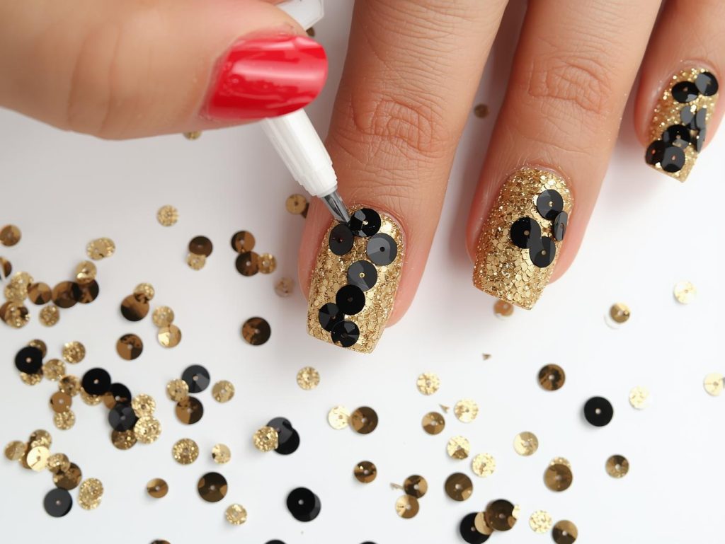 Party Nail Designs: Bold and Pinterest-Worthy Manicures to Adore 6 Creating glittery gold black sequin nail art with black sequins.