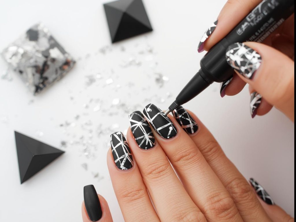 Creating sleek matte black silver foil geometric nail art with silver foil
