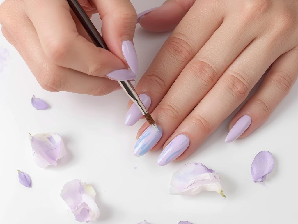 Watercolor Nail Designs: Dreamy and Pinterest-Worthy Manicures to Adore 6 Creating soft lavender pastel blue watercolor nail art with pastel blue swirls.