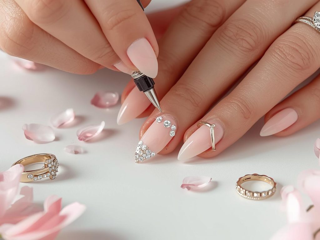 Creating soft blush pink diamond-like crystal nail art with crystal accents.