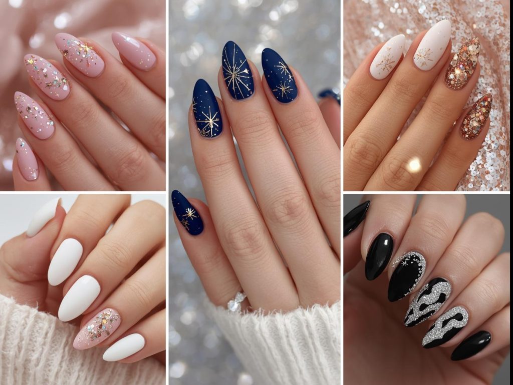 Top glitter accent nail designs featuring holographic pink, gold starburst navy, rainbow confetti white, and silver wave black for Pinterest inspiration.