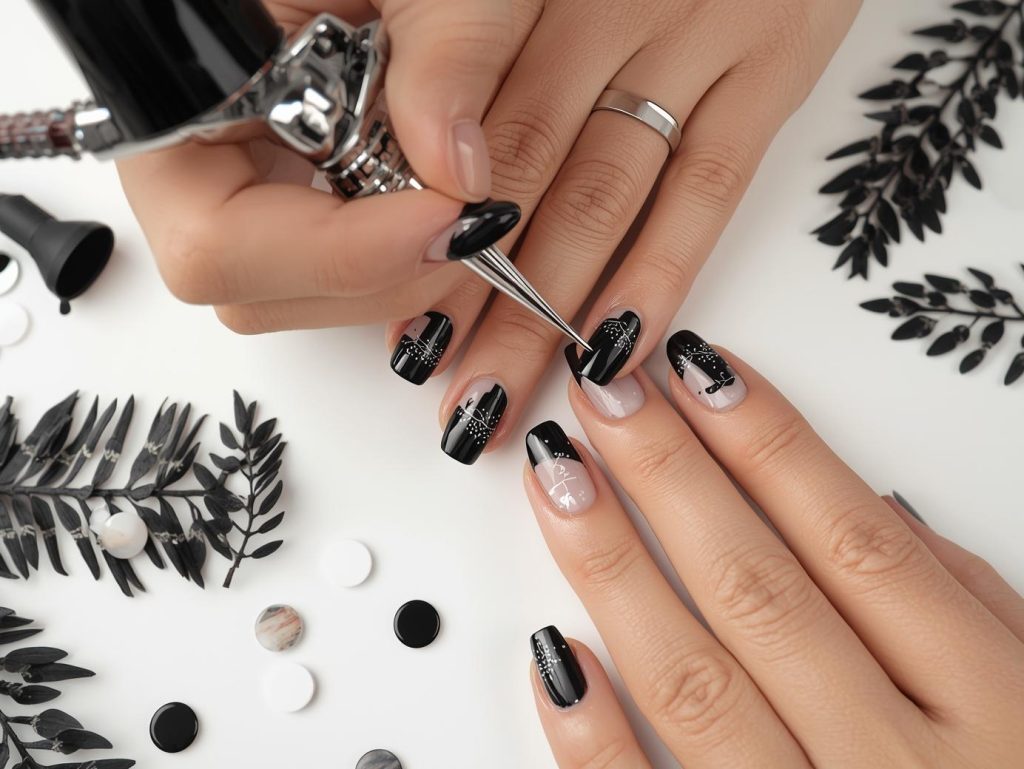  Creating glossy black white airbrush nail art with white gradient patterns.