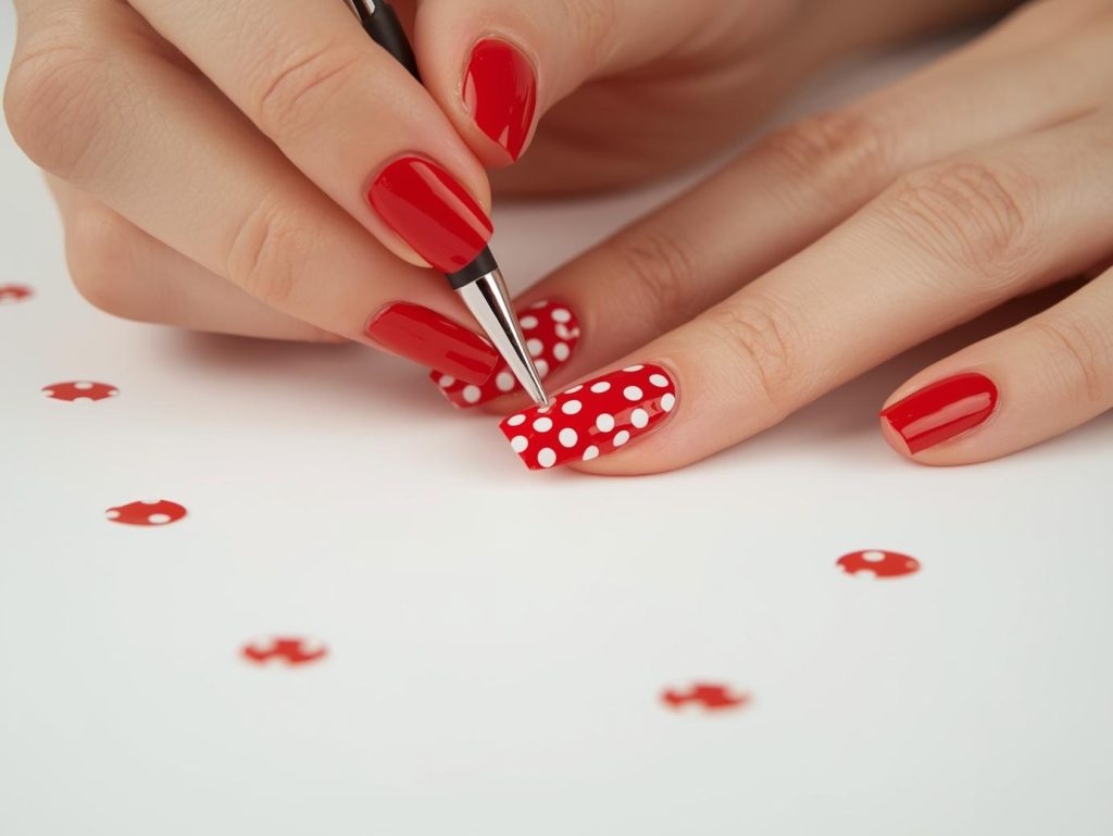 Creating bold red white polka dot nail art with white polka dots.