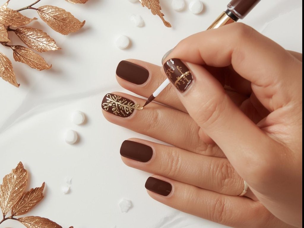 Brown Nail Designs: Warm and Pinterest-Worthy Manicures to Adore 6 Creating rich chocolate brown gold foil leaf nail art with gold foil.