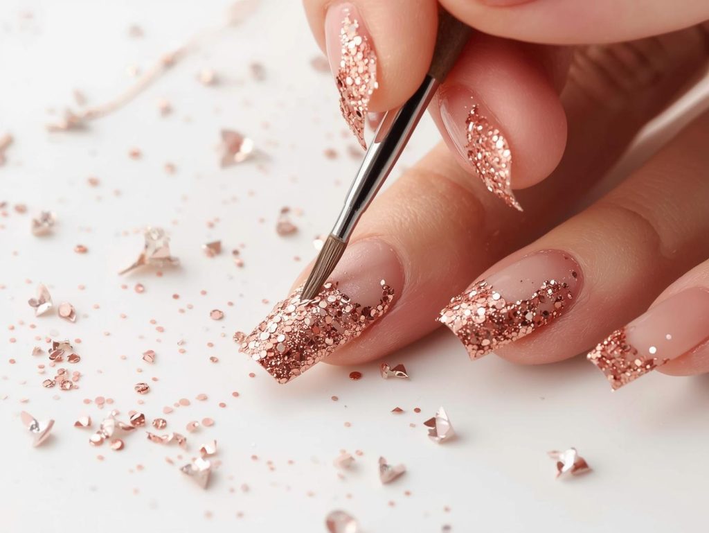 Creating shimmering beige rose gold glitter nail art with rose gold glitter.