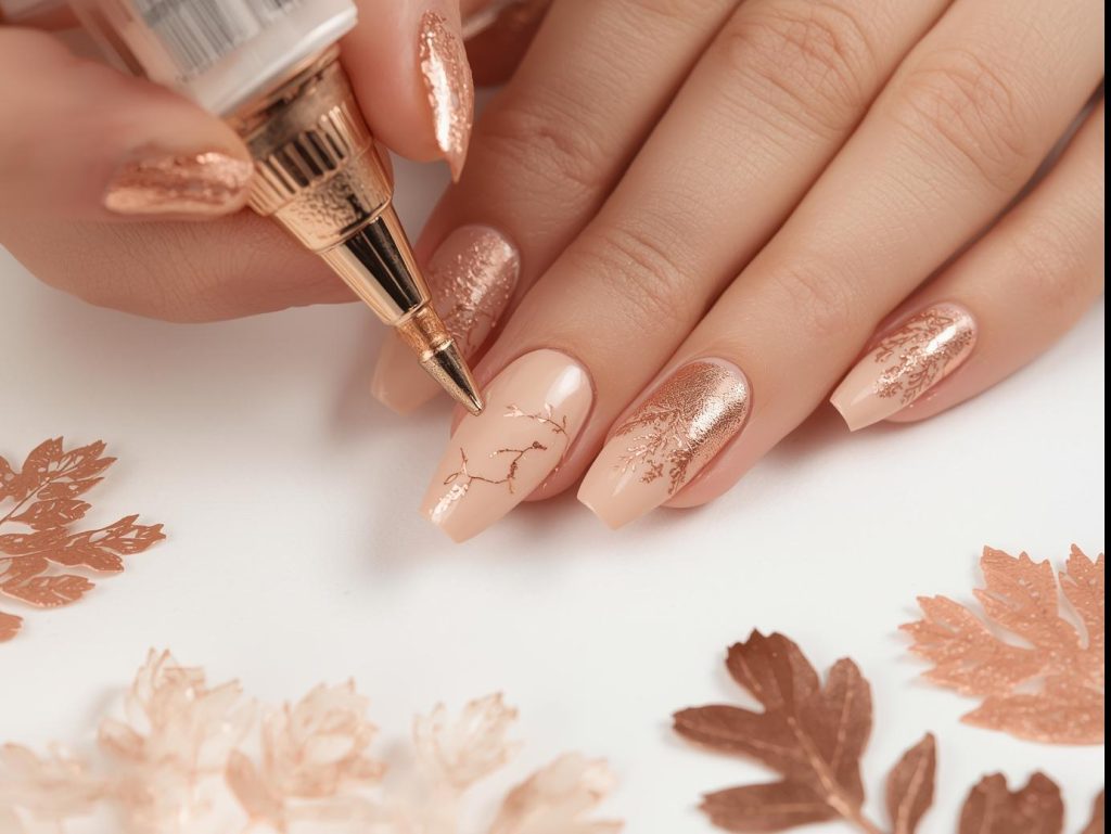 Beige Nail Designs: Elegant and Pinterest-Worthy Manicures to Adore 6 Creating soft beige rose gold foil leaf nail art with rose gold foil.
