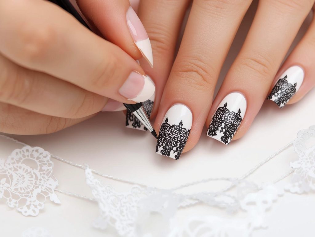 Creating glossy white black lace decal nail art with black lace decals.
