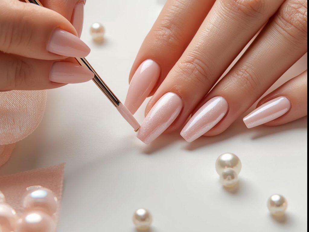 Creating luminous pearl shimmer tip pearl nails with soft pink polish.