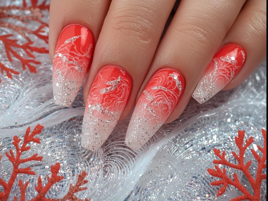 Coral Nail Designs: Vibrant and Pinterest-Worthy Manicures to Adore 7 Coral ombre nail art with silver glitter ripple patterns.