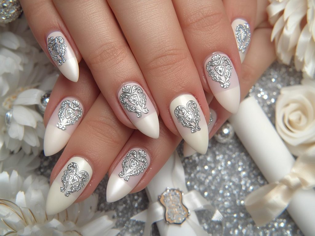 Soft ivory silver diploma scroll nail art with silver details.