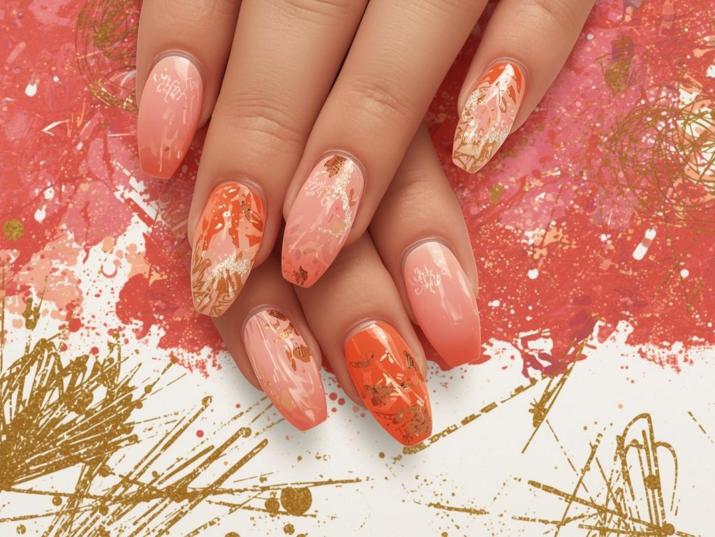 Vibrant coral gold abstract hand painted nail art with gold patterns.