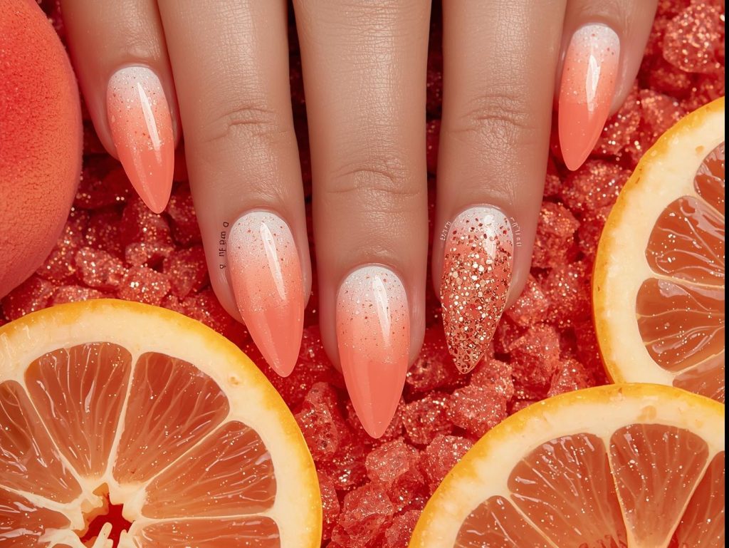  Peach ombre nail art with glittery coral sparkles.