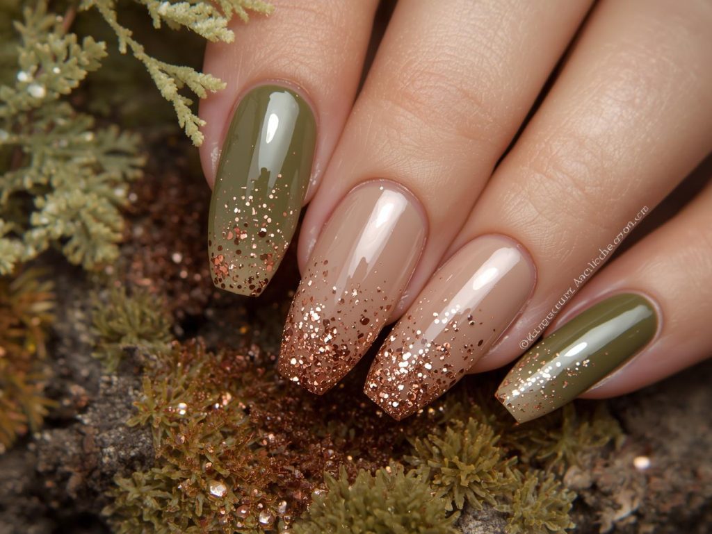 Olive Green Nail Designs: Earthy and Pinterest-Worthy Manicures to Adore 7 : Olive green ombre nail art with bronze glitter speckles.