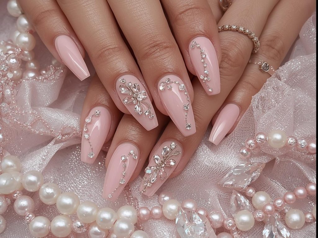 Sparkling crystal embellishment 3D nails with soft pink base.