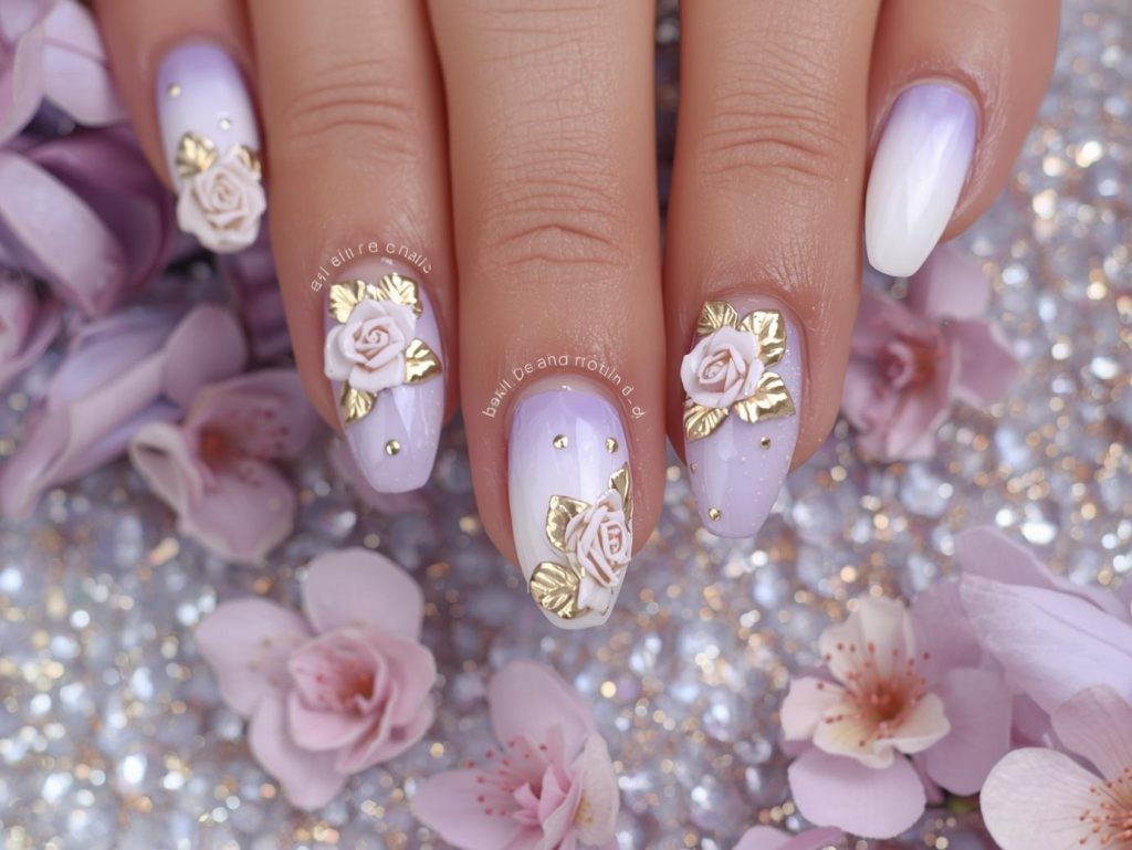 Mother's Day Nail Designs: Heartfelt and Pinterest-Worthy Manicures to Adore 7 Lavender ombre nail art with gold foil rose details.