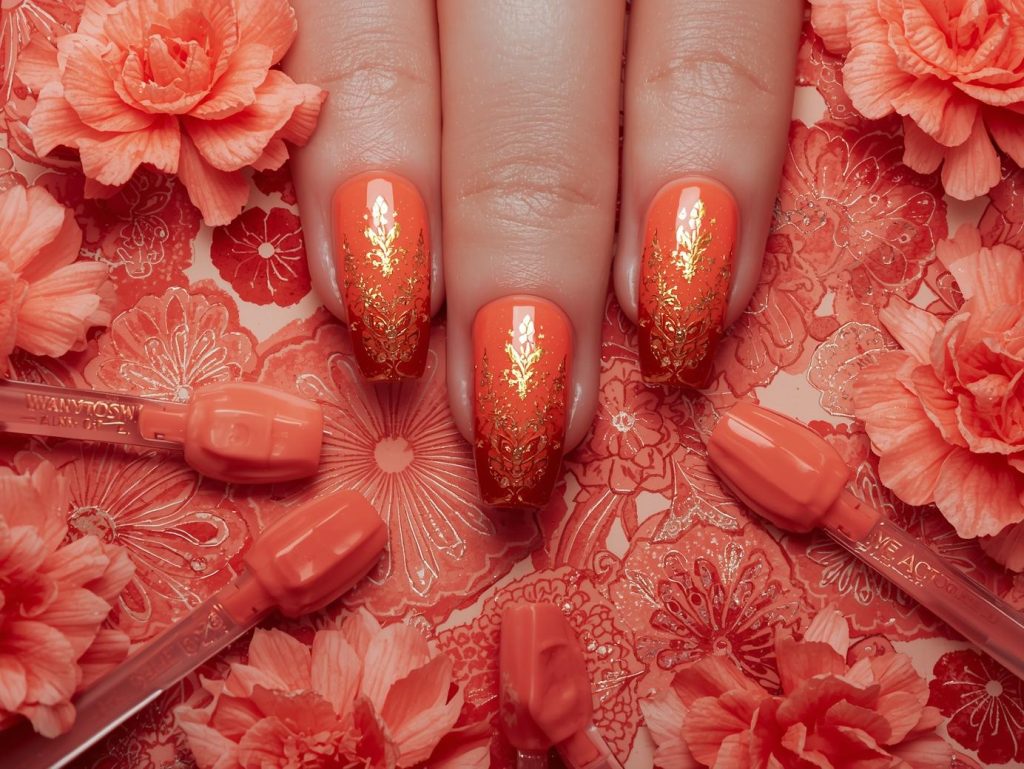 Vibrant coral gold floral stamped nail art with gold stamps.