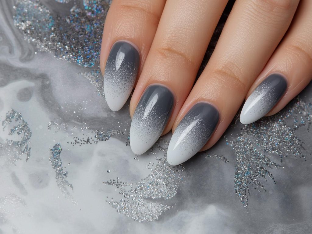Grey ombre nail art with holographic glitter sparkles.