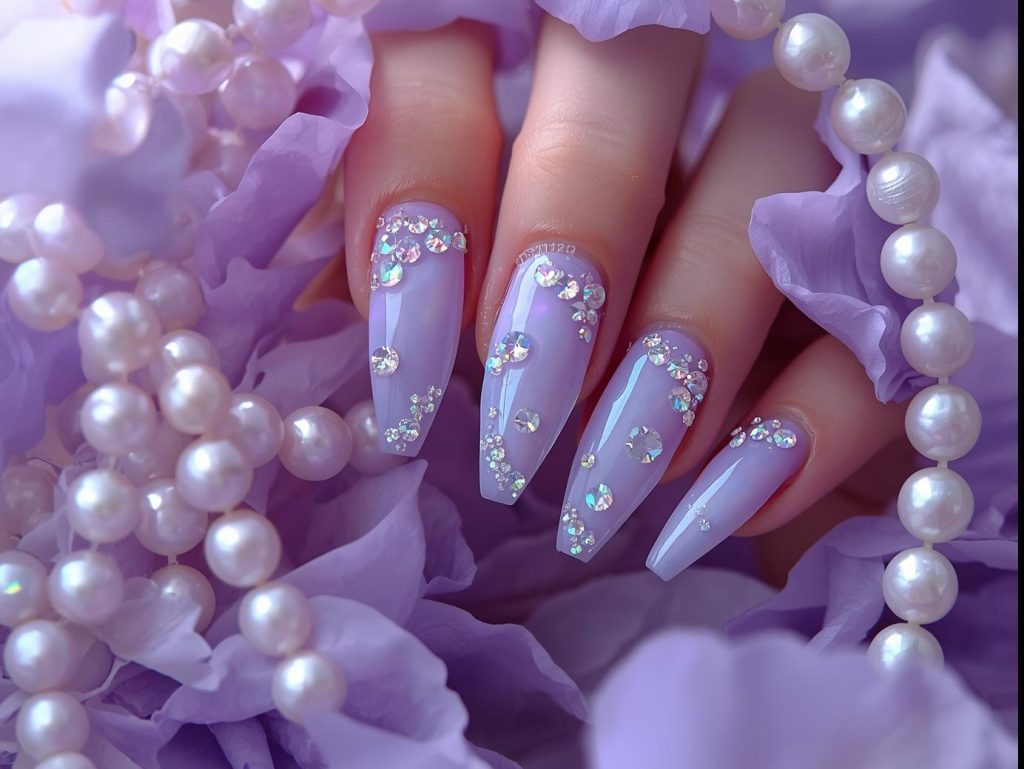  Iridescent opal rhinestone nail art with soft lavender base.