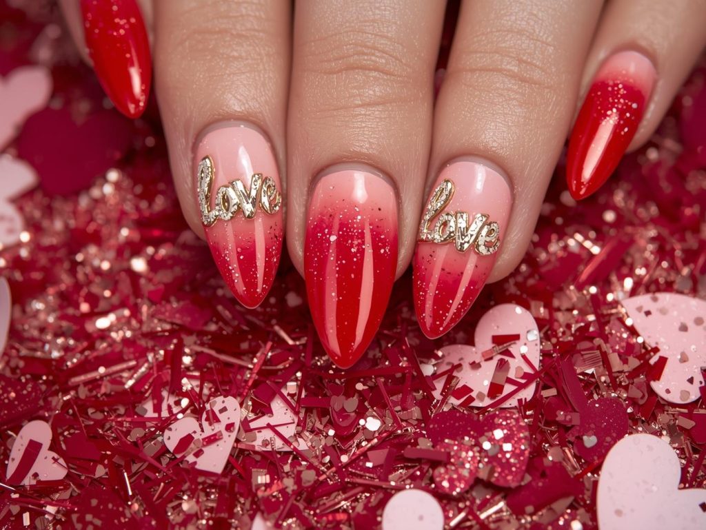 Red ombre nail art with gold glitter love letter details.