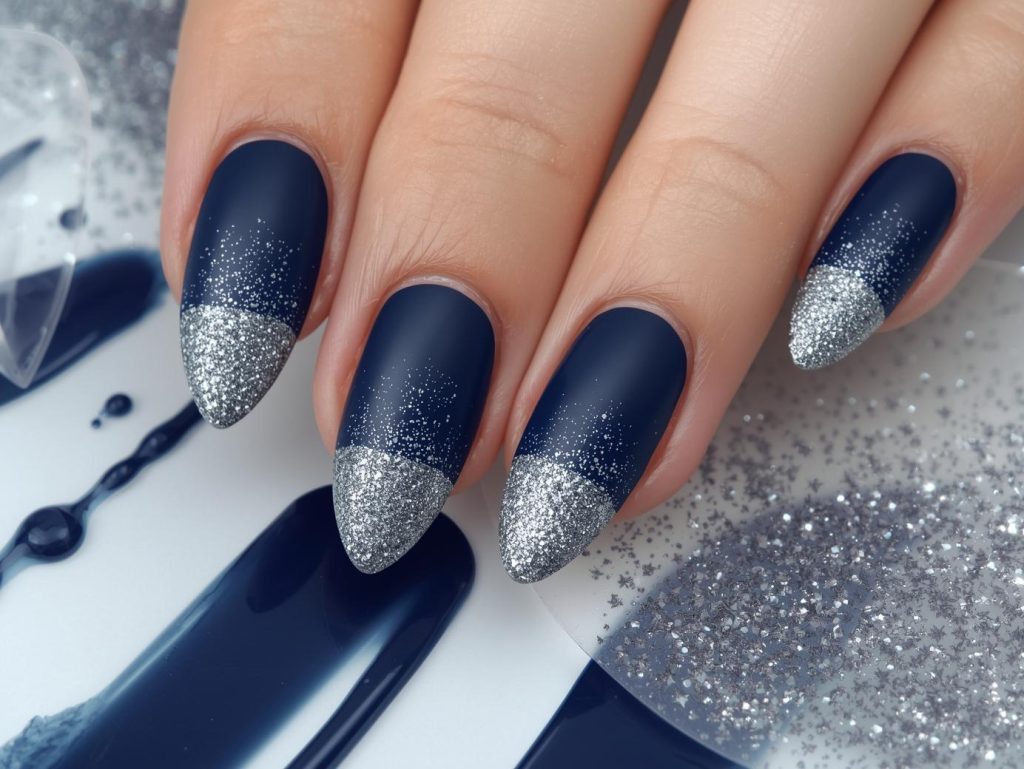 DIY Gel Nails: Stunning and Pinterest-Worthy Manicures to Adore 7 Matte navy silver glitter DIY gel nail art with silver gradients.