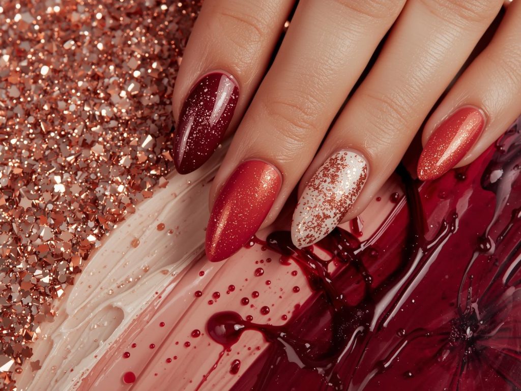 Wine red ombre nail art with rose gold glitter sparkles.