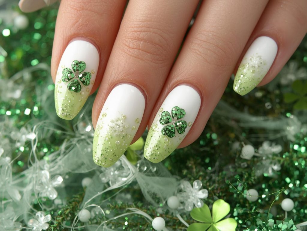 White ombre green glitter clover nail art with green glitter details.