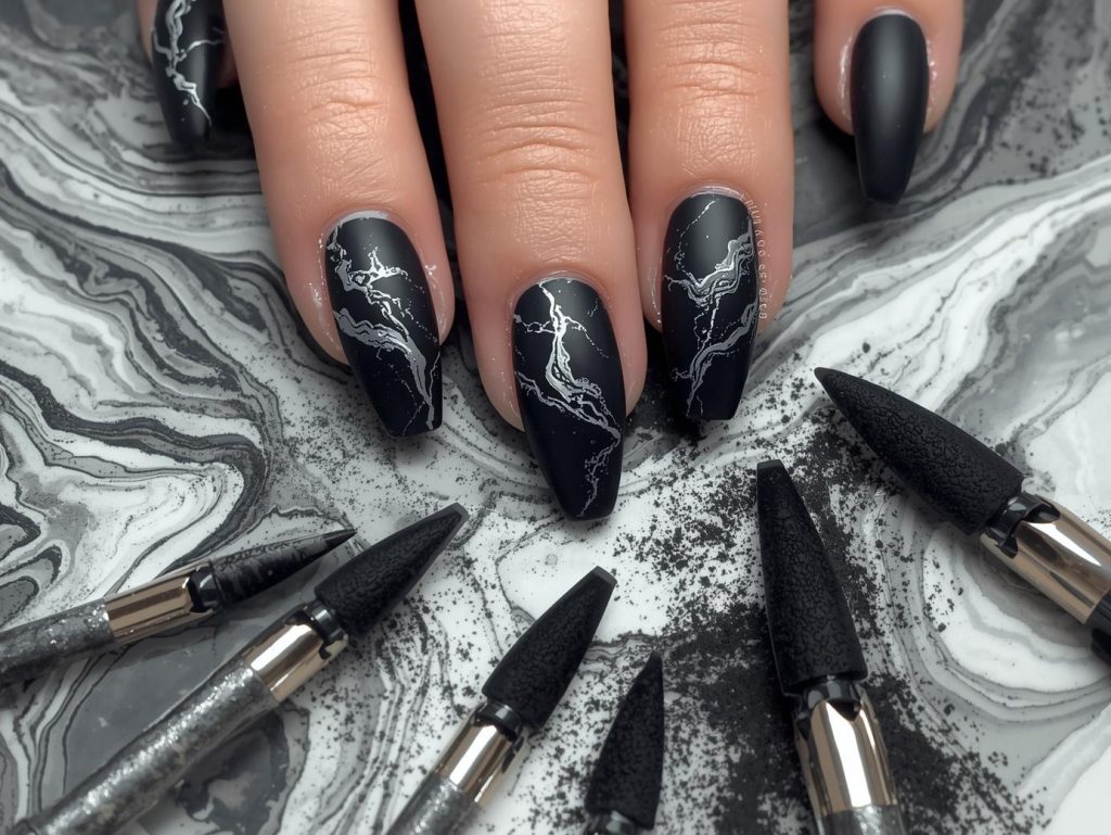 Matte black silver marble DIY acrylic nail art with silver effects.