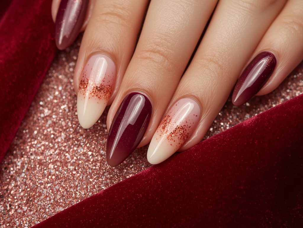 Burgundy ombre nail art with rose gold glitter sparkles.