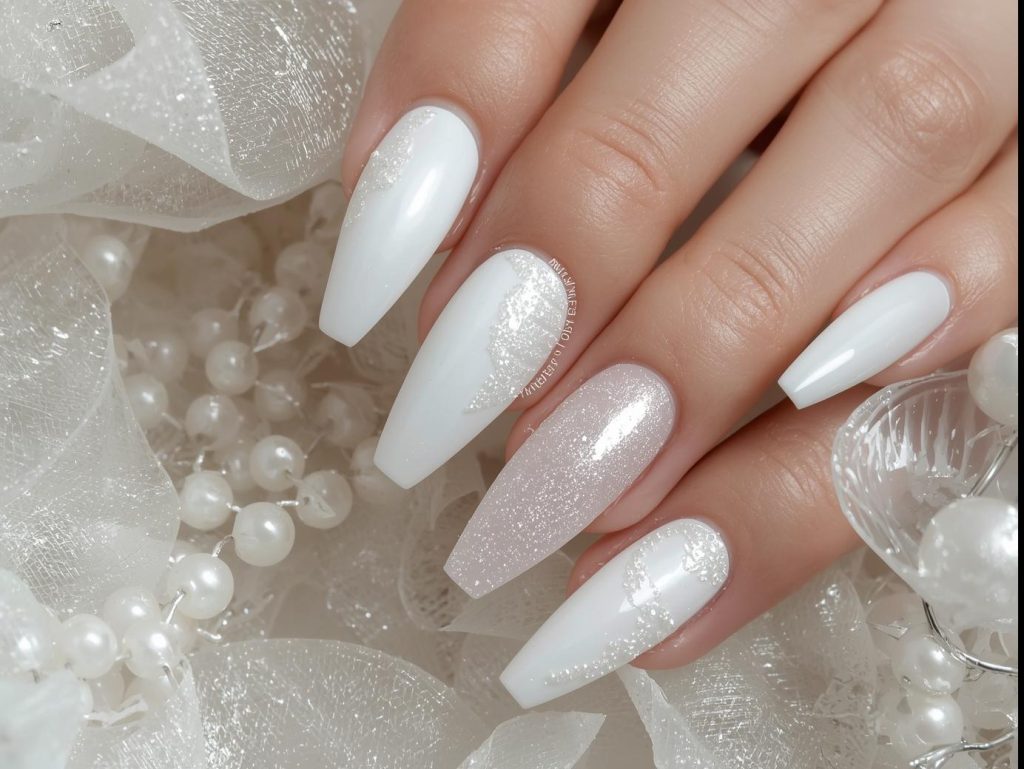  Pearlescent white frosted nail art with delicate frost shimmer.