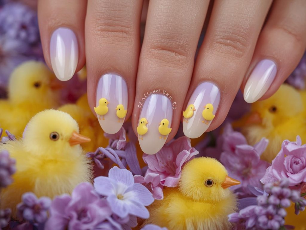 Easter Nail Designs: Playful and Pinterest-Worthy Manicures to Adore 7 Lavender ombre yellow chick nail art with yellow details.
