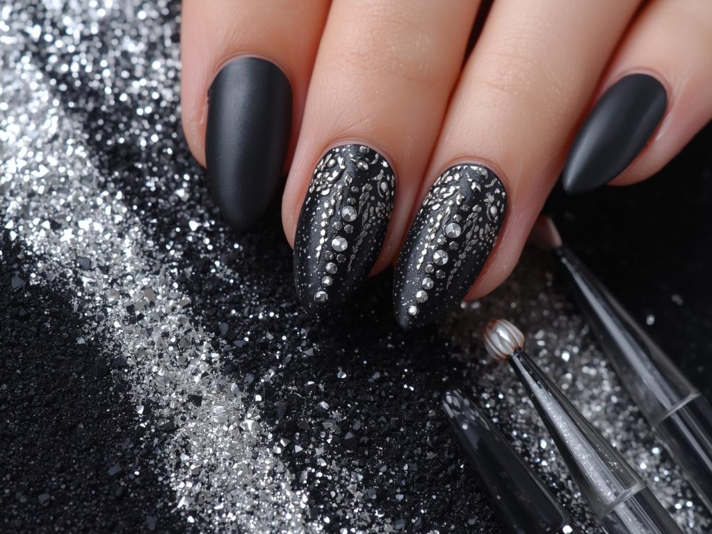Matte black silver chrome dip powder nail art with silver details.