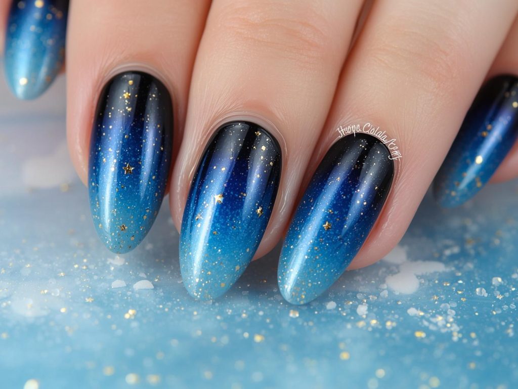  Deep blue ombre nail art with gold glitter star sparkles.
