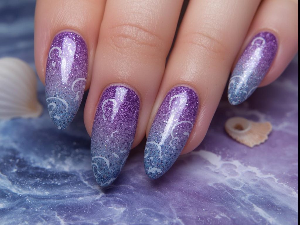 Mermaid Nail Designs: Enchanting and Pinterest-Worthy Manicures to Adore 7 Iridescent purple and blue ombre mermaid nail art with glitter waves.