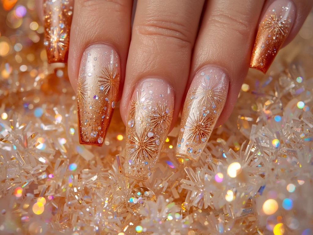 Champagne gold ombre nail art with holographic starburst details.