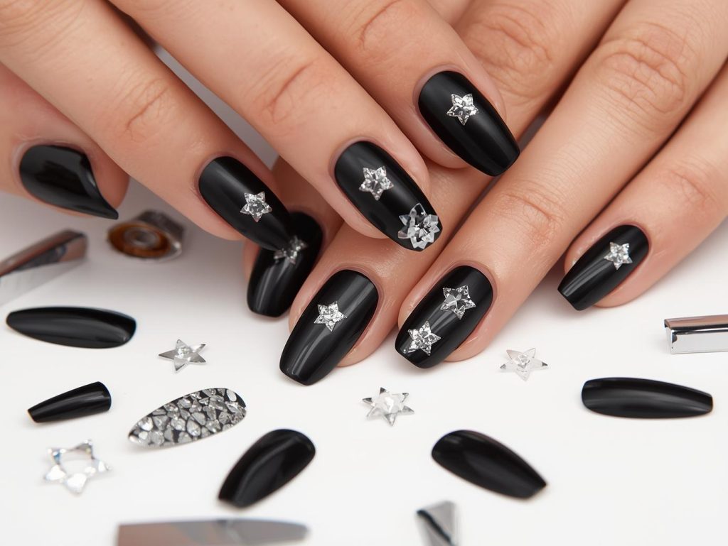  Matte black silver star press on nail art with silver decals.