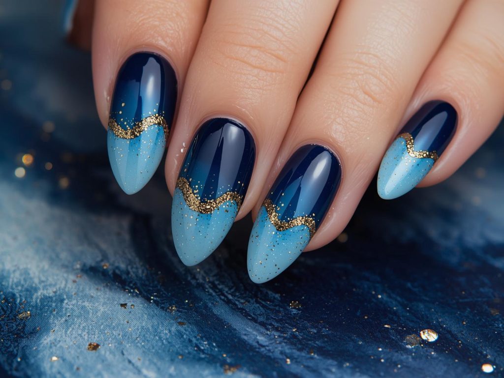 Navy Nail Designs: Bold and Pinterest-Worthy Manicures to Adore 7 Navy ombre nail art with gold glitter wave sparkles.