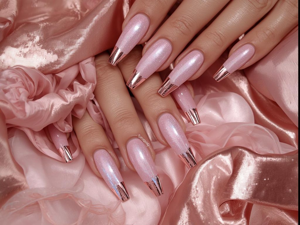 Holographic rose gold mirror tip nail art with soft pink base.