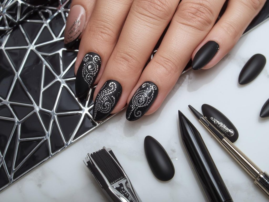 Nail Salon Inspiration: Stunning and Pinterest-Worthy Manicures to Adore 7 Matte black silver chrome swirl nail salon art with silver swirls.