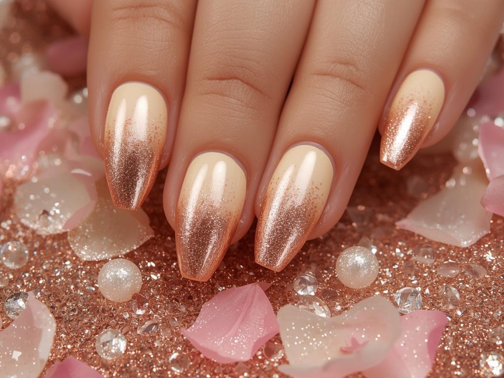 Rose gold ombre nail art with gold glitter sparkles.